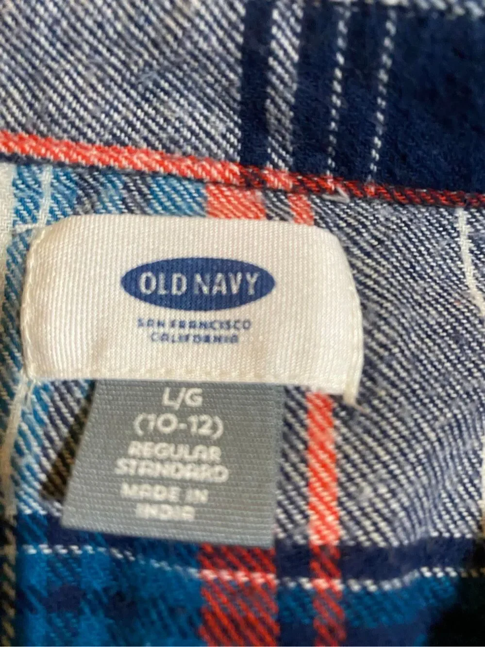 Old Navy boys flannel plaid button up blue red and white shirt 10/12